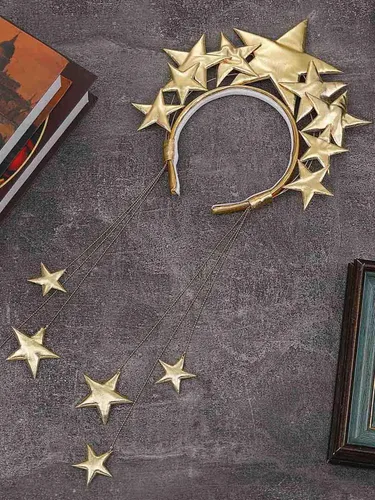 Vista 5 de Yean Diadema de estrella gigante, diadema dorada con halo de diosa, diadema de estrella para festival, tocado hecho a mano para mujeres y niñas
