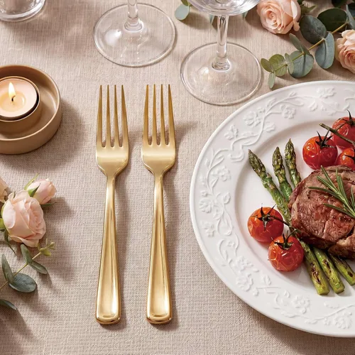 Vista 2 de WDF 100 tenedores de plástico dorado – Tenedores resistentes y duraderos desechables de 7.4 pulgadas – Elegantes tenedores dorados para postre