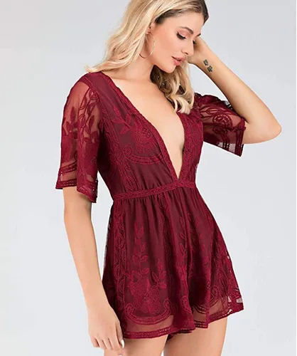 Vista 4 de Mini vestido de encaje de manga corta con cuello en V profundo bordado para mujer