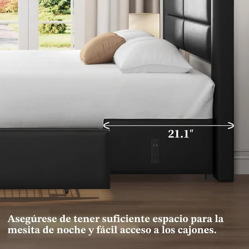 Vista 5 de Yaheetech - Marco de cama tapizado completo con almacenamiento y carga Negro