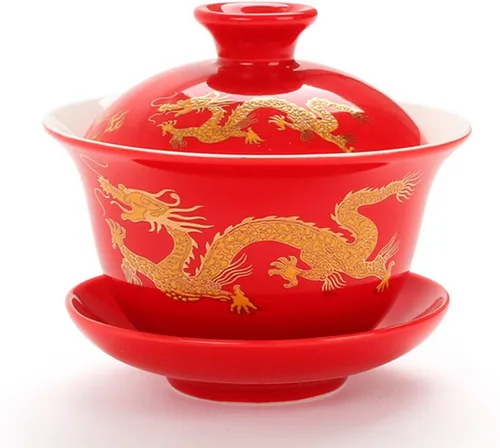 Vista 6 de Moyishi Juego de té de porcelana china Gaiwan Floral Dragon Tradition Sancai Tea Cup Tea Cup Tea Set Mejor Regalo (diseño de murciélago)