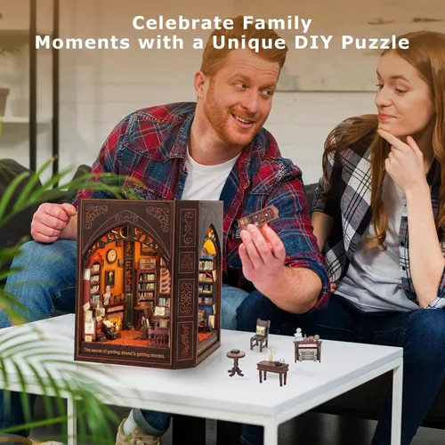 Vista 6 de Kit de rincón de libros para adultos y adolescentes – Rompecabezas de casa de muñecas de madera 3D DIY con luz LED, biblioteca de Mark Twain
