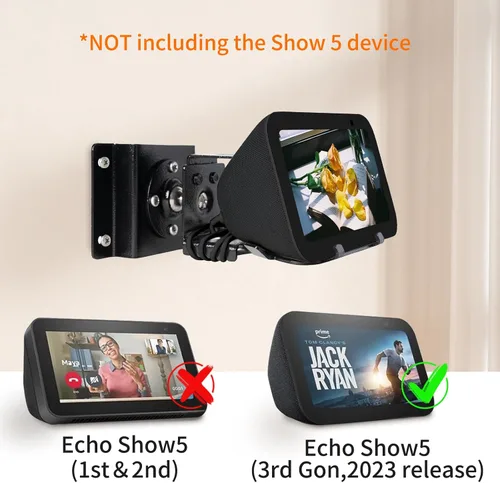 Vista 3 de shinar Soporte de pared de metal solo para Echo Show 5 (3.ª generación), gira hasta 360° / inclinación -70° / +70°, soporte de montaje compatible