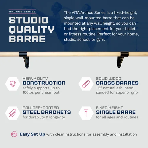 Vista 3 de VITA Barre - Barra de ballet individual para montar en la pared, Archos, madera, altura fija, fabricada en Estados Unidos, equipo de ejercicio