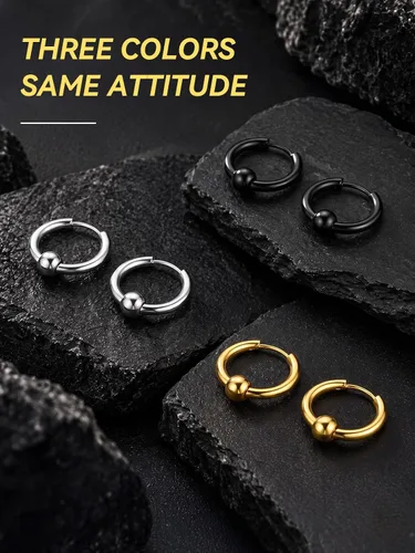 Vista 5 de ChainsHouse Huggie Hoop Earrings for Men Women, Stainless Steel A: Aro de cuentas (1 par) - Plata