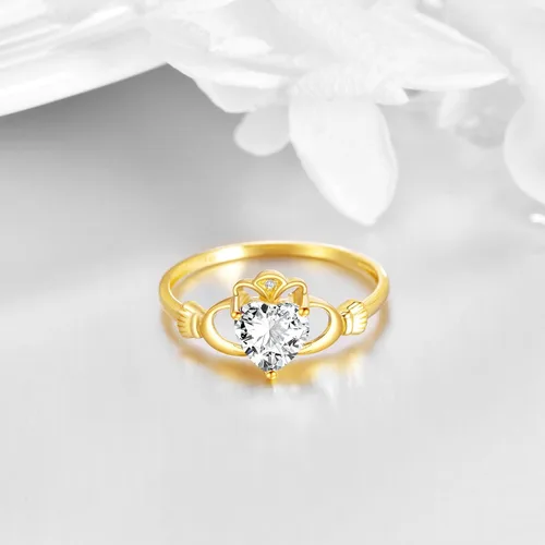 Vista 3 de ELFRONT Anillo de corazón de Claddagh irlandés de oro macizo de 14 quilates, joyería celta con moissanita para mujer, lealtad, promesa, compromiso