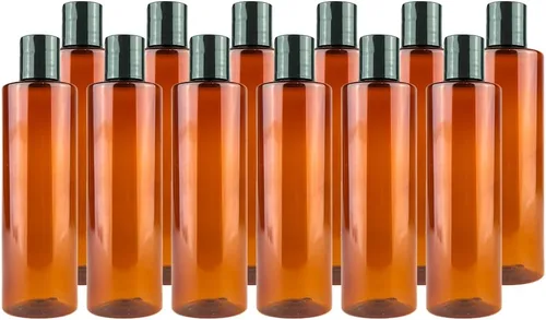 Vista 11 de Botellas de plástico ámbar (paquete de 12) – Botella de plástico ámbar de 1 onza con tapas de rosca; se utiliza como champú reutilizable, loción
