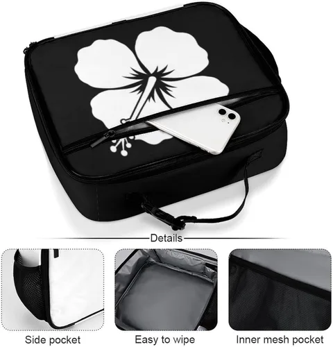 Vista 4 de Lonchera reutilizable con diseño de flores de hibisco blanco, bolsa de almuerzo aislada, lonchera para comida y alimentos, bolsa de mano