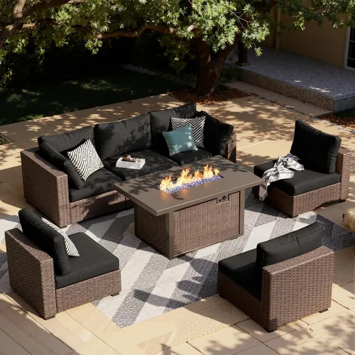 Vista 7 de Juego de muebles de patio al aire libre, 7 piezas, sofá seccional de mimbre con cojines y mesa de té, sofá de conversación de ratán para patio Beige