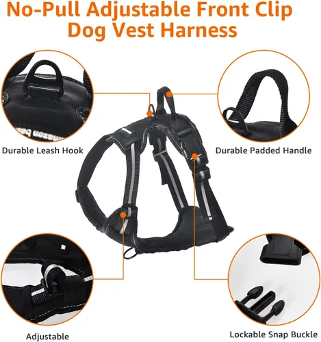 Vista 4 de Amazon Basics Arnés para perro sin tirones, chaleco ajustable acolchado suave con rayas reflectantes, resistente, pequeño, negro