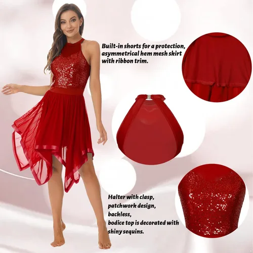Vista 6 de JEATHA Vestido de baile de ballet sin mangas para mujer, de malla ilusión, con lentejuelas, leotardo de jazz latino, ropa de baile
