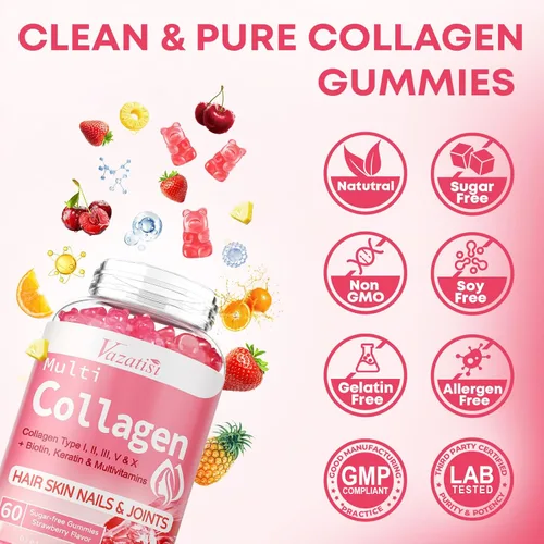 Vista 6 de Gomitas de péptido de colágeno para mujeres y hombres, sin azúcar, colágeno hidrolizado con biotina para cabello, piel, uñas y digestión, proteína