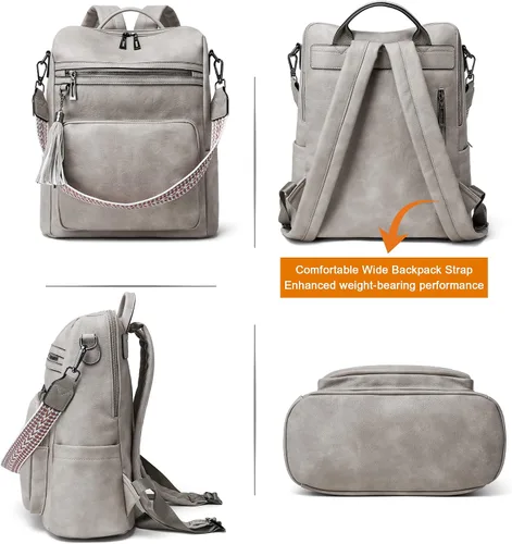 Vista 9 de OPAGE - Mochila de cuero para mujer, con borla de moda, bolso de hombro, mochila grande, bolsa de viaje, gris, L