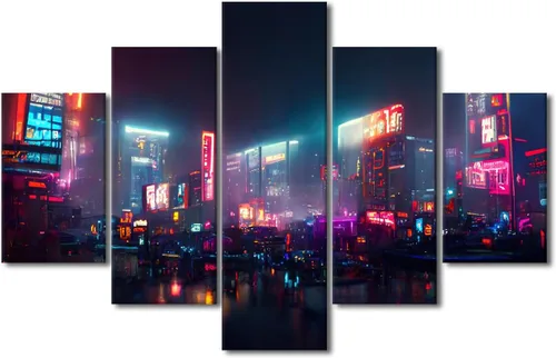 Vista 34 de Póster de 5 paneles en lienzo para decoración de pared, diseño de centro urbano Cyberpunk, impresión moderna, decoración de pared para el hogar