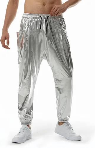 Vista 2 de GRAJTCIN Pantalones de discoteca metálicos para hombre, pantalones de lentejuelas de los años 7080, con cordón en la cintura, pantalones de fiesta