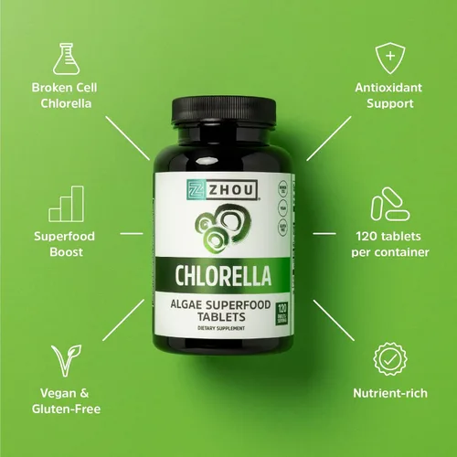 Vista 4 de Zhou Chlorella Tablets - Suplemento de clorella, vitaminas de clorofila, superalimento de algas verdes puras, píldoras súper alimentarias ricas