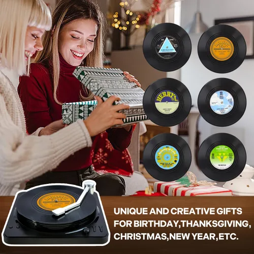 Vista 6 de Divertidos posavasos retro de discos para bebidas con soporte para reproductor de vinilo para amantes de la música, juego de 6 posavasos