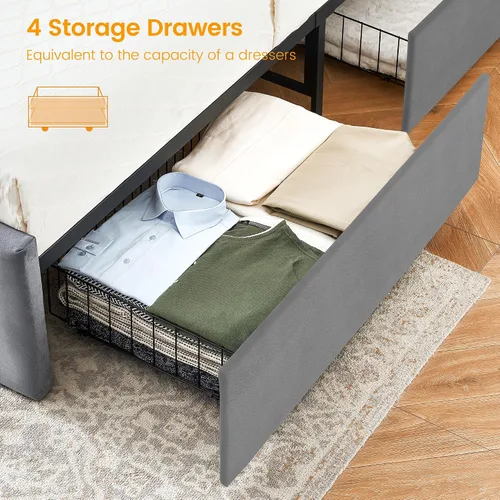 Vista 5 de Alkmaar Base de cama tapizada de terciopelo tamaño matrimonial con 4 cajones de almacenamiento y cabecero, base de colchón con botones cosidos