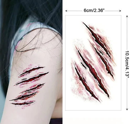 Vista 2 de Cara y cuerpo de terror realista de cicatriz falsa, impermeable, tatuajes temporales, calcomanías para Halloween, día del inocente, zombi, 8 hojas