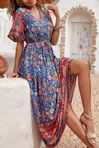 Vista 4 de PRETTYGARDEN - Vestido casual de playa y de verano para mujer, de estilo bohemio, manga corta, cuello en V y con estampado floral, vestidos largos
