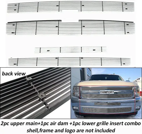 Vista 5 de Inserto de parrilla de aluminio para 2007 2008 2009 2010 2011 2012 2013 Chevy Silverado 1500 Parrilla delantera superior e inferior pulida