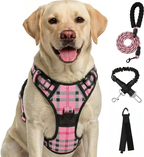 Vista 16 de FURRYFECTION Arnés a cuadros para perros pequeños, chaleco reflectante ajustable sin tirones para mascotas con clip frontal, correa, asa de fácil