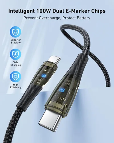 Vista 3 de BENFEI Paquete de 3 cables USB C a USB C de 100 W de 3.3 pies, carga rápida transparente para iPhone 17/16/15 Pro Max, iPad, MacBook, Samsung Galaxy