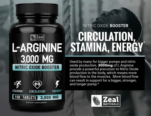 Vista 7 de Zeal Naturals Suplemento de L-Arginina – 3000 mg, 150 tabletas Refuerzo de óxido nítrico Suplemento de arginina L para hombres y mujeres Apoya