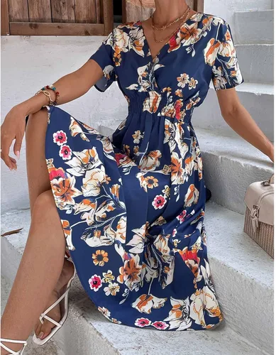 Vista 3 de JOANKDMI Vestidos casuales para mujer, con cuello en V, manga corta, floral, 2023, bohemio, hawaiano, vacaciones, vestidos para mujer