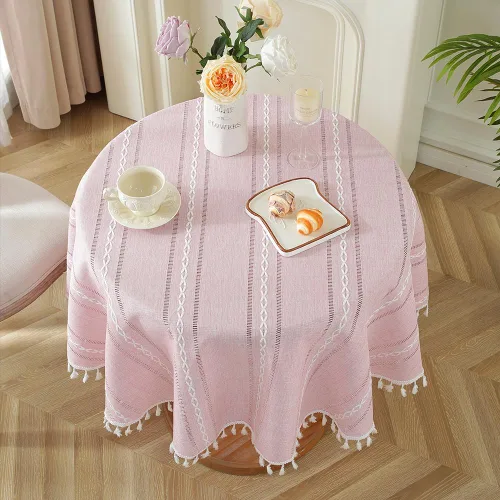 Vista 8 de meioro Mantel rústico, mantel rectangular de algodón texturizado de lino con borla, mantel de tela resistente para granja con bordado de rayas