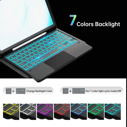 Vista 4 de Funda para Galaxy Tab A9+/A11+ de 11 pulgadas con teclado - Funda de tableta inalámbrica desmontable retroiluminada de 7 colores con panel táctil