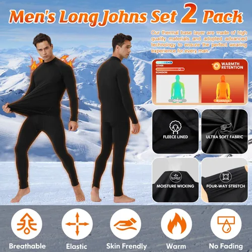 Vista 3 de CL convallaria 2 Pack Thermal Underwear for Men - Warm Fleece Lined Long Johns - Winter Gear Base Layer Tops & Bottoms Set