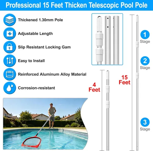 Vista 2 de Poste de piscina mejorado de 15 pies, poste telescópico de limpieza de piscina, poste profesional ajustable para red de desnatador, rastrillo