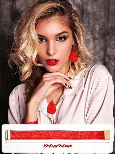 Vista 5 de Hicarer Juego de joyas con purpurina para mujer, incluye 2 pulseras multicapa para novia, boda, 3 pares de aretes colgantes de piel sintética, 1