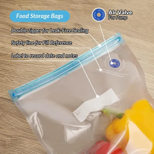 Vista 3 de Bolsas Sous Vide 28 piezas, sin BPA, reutilizables, con válvula de aire, almacenamiento de alimentos de doble capa para cocinar, almacenar alimentos