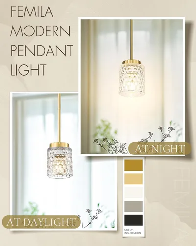 Vista 8 de FEMILA Lámpara Colgante Dorada, Accesorios de Iluminación Colgante de 4", Iluminación para Isla de Cocina, Vidrio Martilleado, Base E26, 4FY86MIL BG
