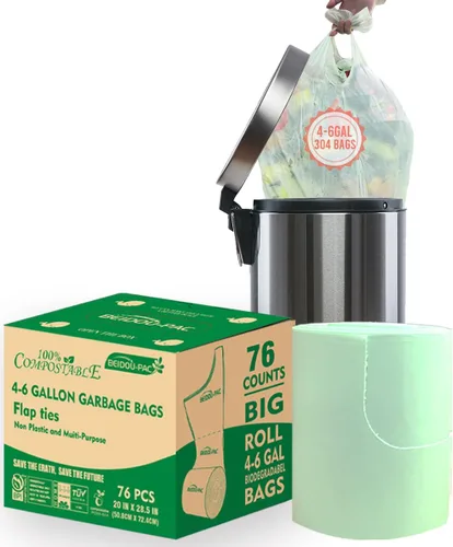 Vista 15 de BEIDOU-PAC Bolsas de basura compostables certificadas de 1.6 galones con asa, 125 bolsas de basura pequeñas de compost para cocina, bolsas de basura