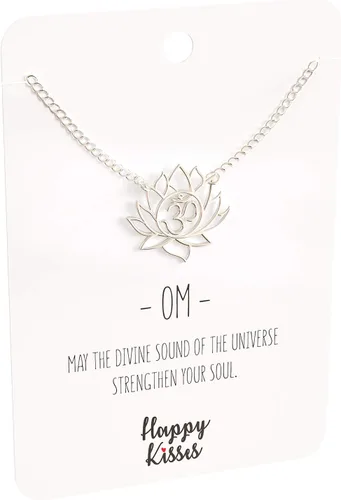 Vista 5 de Happy Kisses - Collar con colgante de flor de loto para yoga, con símbolo de OM, con tarjeta de mensaje, chapado en plata