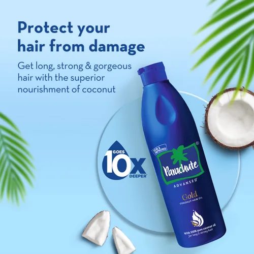 Vista 8 de Parachute Advansed Aceite de coco dorado con vitamina E Aceite de coco puro Para cabello largo, fuerte y nutrido Protección contra daños