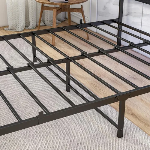 Vista 8 de Base de cama de tamaño matrimonial con cabecero de madera/luces LED, plataforma de metal, tamaño matrimonial con estación de carga, soporte