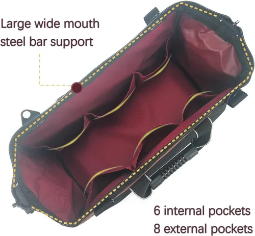 Vista 6 de Garden Tools Bag 16 Inch Wide Mouth Tool Bag with Molded Base and Plastic-Padded Inside Pockets for Tool Storage, 600D Polyester Fabric, Brown