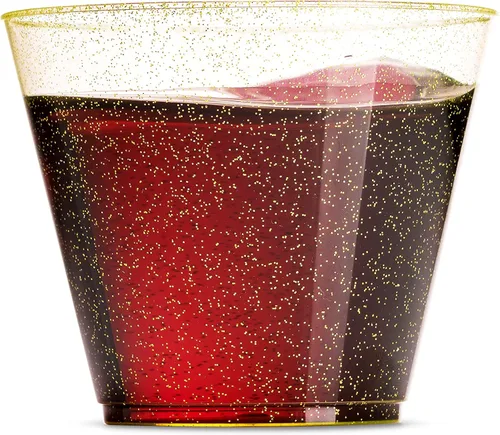 Vista 2 de 100 vasos de plástico con purpurina – Vasos de plástico transparente de 9 onzas – Vasos de purpurina dorada desechables para bodas y fiestas