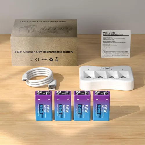 Vista 8 de Pallus Baterías recargables de 9 V con cargador, paquete de 4 baterías recargables de litio de 850 mAh de 9 voltios para alarmas de humo e
