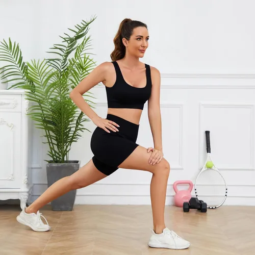 Vista 7 de Conjuntos de entrenamiento para mujer, 3 piezas, sin costuras, acanalados, sin mangas, cintura alta, pantalones cortos de yoga