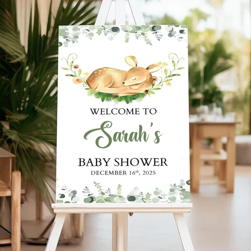 Vista 4 de Letrero de bienvenida personalizado de ciervo dorado para baby shower, decoración temática de bosque, decoración de fiesta de bebé, letrero