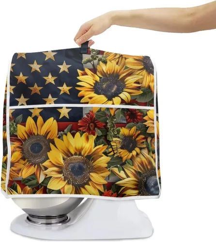 Vista 2 de Funda para batidora con estampado de girasol y bandera americana, cubierta protectora contra el polvo, adecuada para la mayoría de los modelos