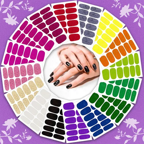 Vista 4 de Maitys 192 piezas de 16 hojas de esmalte de uñas con purpurina, tiras autoadhesivas de brillo de color sólido, calcomanías de envoltura completa