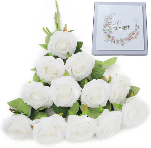 Vista 26 de LVEFIT 12 rosas artificiales de seda con tallo largo para bodas, despedidas de soltera, fiestas, decoración del hogar Blush