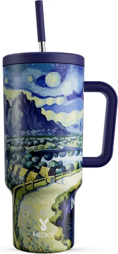 Vista 17 de Meoky - Vaso de 30 oz con asa, tapa y pajilla, taza de viaje térmica de acero inoxidable 100% a prueba de fugas, para portavasos, mantiene el frío