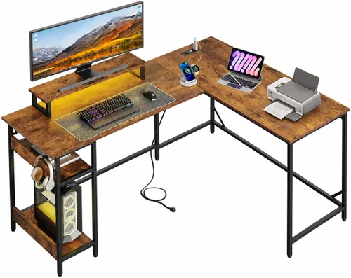 Vista 10 de DEVAISE Escritorio compacto para juegos en forma de L de 43 pulgadas con luces LED, marrón rústico